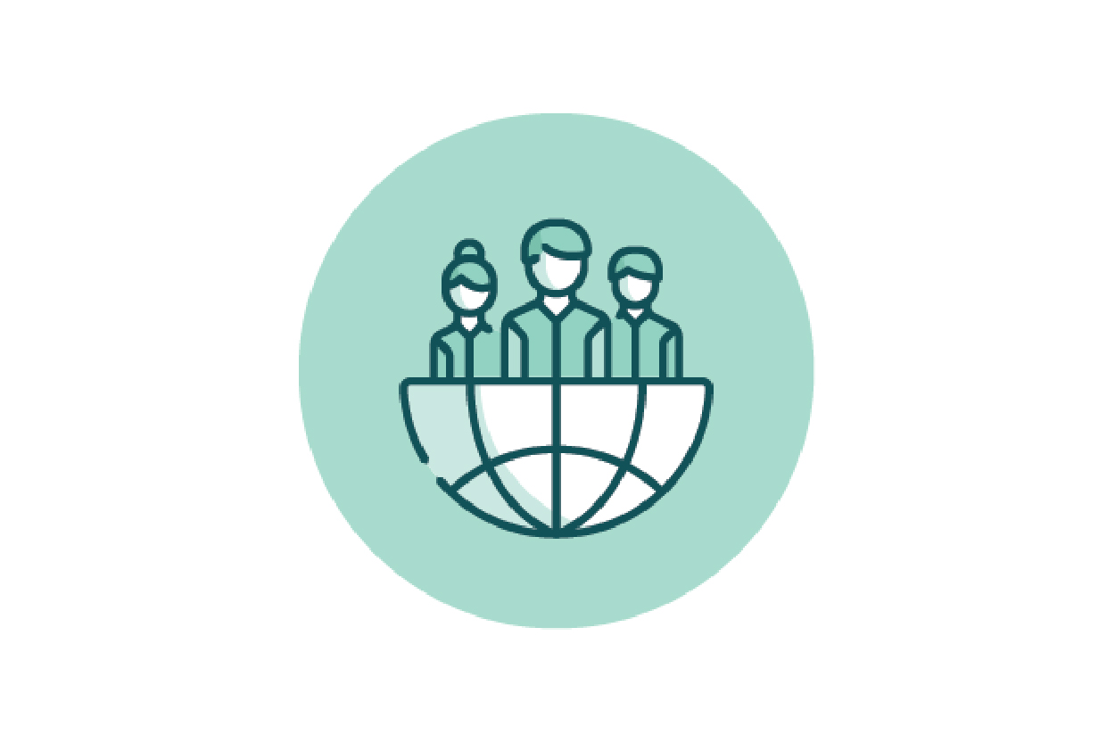 Icon of three people above a globe, symbolising global leadership